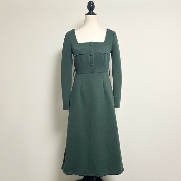 Tuckernuck Forest Green Long Sleeve Square Neck Elle Midi Dress XS *NO BELT* - Picture 2 of 6